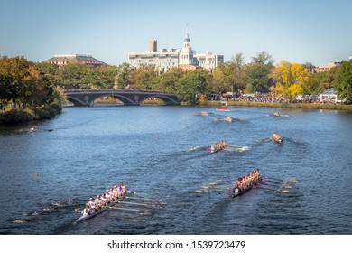 Cambridge, MA - 10/19/19: The Charles River is populated with rowers on regatta weekend
