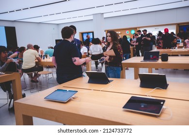CAMBRIDGE, MA - JULY 15, 2019 : Interior of an Apple, Inc. store in Cambridge, MA, USA. Apple is a multinational computer company.