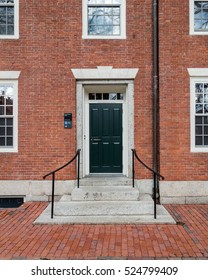 CAMBRIDGE, MA, USA - APRIL 8, 2016: Door To Historic Harvard College Dorm Building In Harvard Yard, Cambridge, MA, USA On April 8, 2016.