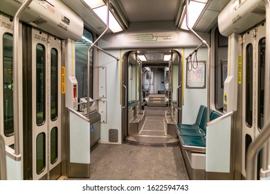 Cambridge MA USA - Jan 19 2020 -  Boston MBTA Green Line Train Car Interior View