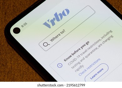 Cambridge, MA, USA - June 30, 2022: Vrbo App Is Seen Launched On A Google Smartphone. Vrbo Is An American Vacation Rental Online Marketplace Originally Known As Vacation Rentals By Owner.