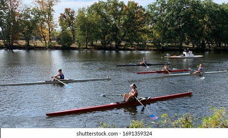 Cambridge, MA / USA - Oct 2019: Kayaking and canoeing at Charles river