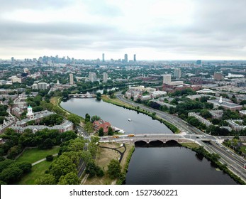 Cambridge, Massachusetts - 6 January 2019: Aerial View Of Charles River, Harvard University And Boston Skyline