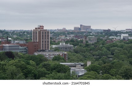 Cambridge, Massachusetts, USA - May 28, 2022: Aerial View Of The Cityscape Of Cambridge