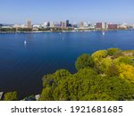 Cambridge modern city skyline including MIT aerial view from Charles River, Cambridge, Massachusetts MA, USA. 