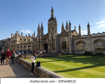 Cambridge, UK - 21 May 2018: Kings College On A Sunny Day With Tourist And Student Walking