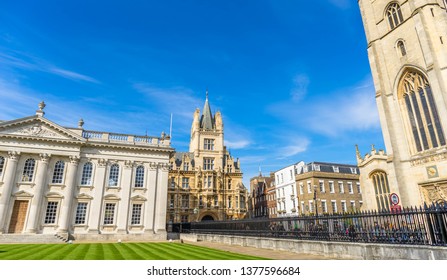 Cambridge, UK; April 2019; Street view, Church of Saint Mary the Great is landmark near King's college and University of Cambridge, The Old Schools in Cambridge, England