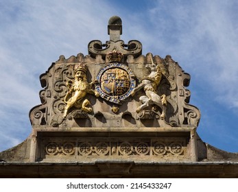 CAMBRIDGE, UK - August 11, 2017:   Coat Of Arms Of The House Of Stuart Kings On The Trinity College Building