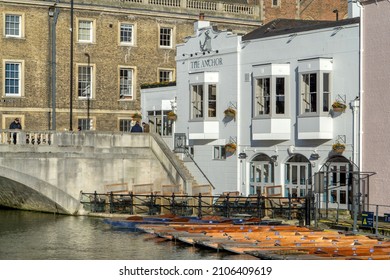 Cambridge, UK - January 7 2022: Moored punts outside the Anchor pub, Silver Street, Cambridge