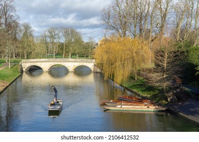 Cambridge, UK - January 7 2022: Tourist punting trip on the River Cam in Cambridge, England