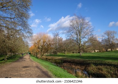 Cambridge, UK - January 7 2022: 'The Backs' Park Riverside Walk In Cambridge, England