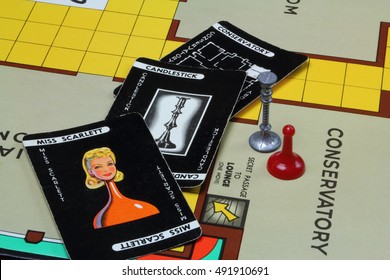 CAMBRIDGE, UK - OCTOBER 2, 2016: 1960s edition of the country house murder mystery game Cluedo or Clue - Patented in the UK by John Waddington Games in 1947 - illustrative editorial