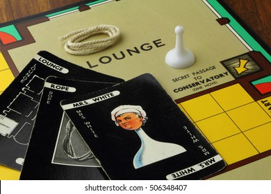 CAMBRIDGE, UK - OCTOBER 29, 2016: 1960s edition of the country house murder mystery game Cluedo or Clue - Patented in the UK by John Waddington Games in 1947 - illustrative editorial