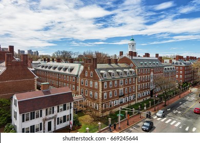 Cambridge, USA - April 29, 2015: Aerial view of F Kennedy Street, Harvard University Area, Cambridge, MA, America