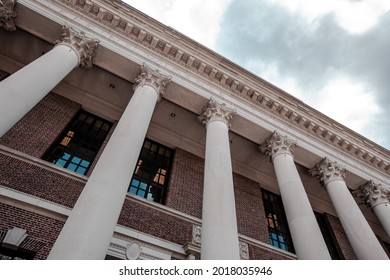 CAMBRIDGE, USA - JULY 14, 2019 : The Harry Elkins Widener Memorial Library, Library of Harvard University. It has 15.6 million volume of books, making it the largest university library in the world.