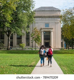CAMBRIDGE, USA - NOVEMBER 10: The architecture of the Massachusetts Institute of Technology in Cambridge, MA, USA with some students passing by on November 10, 2017.