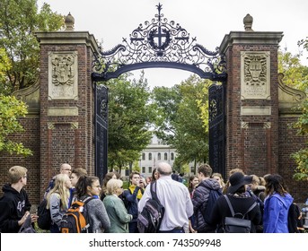 CAMBRIDGE, USA - OCTOBER 23: One Of The Gated Of The Famous Harvard University In Cambridge, MA, USA With Lots Of Locals And International Students Having A Tour On October 23, 2017.
