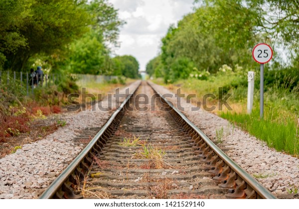 Cambridgeshire,\
UK - Circa June 2019: Shallow focus of nearby weeds seen growing\
between the railway sleepers on an empty but used railway track. A\
25Mph speed limit is seen on the\
right.