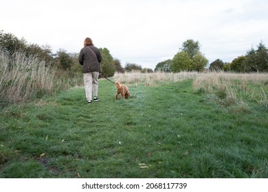 Cambridgeshire, UK - Circa November 2021: Loan Woman Seen With Miniature Poodle Dog On A Rural Walk By A Inland Waterway On The Left Of The Photo. The Dog Enjoys Regular Walks.