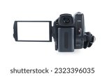 Camcorder with open lcd display, isolated on white background. Screen has a clipping path.