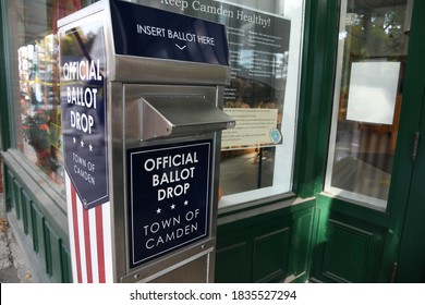 Camden, Maine/USA - October, 3, 2020: A Curbside Ballot Box For Absentee Ballots Stands Outside A Town Office. 