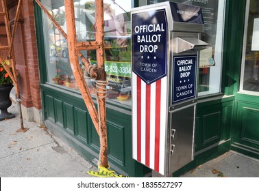 Camden, Maine/USA - October, 3, 2020: A Curbside Ballot Box For Absentee Ballots Stands Outside A Town Office. 