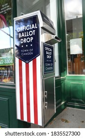 Camden, Maine/USA - October, 3, 2020: A Curbside Ballot Box For Absentee Ballots Stands Outside A Town Office. 