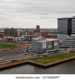 Camden, New Jersey, USA - December 15 2021: Camden Skyline By Delaware River. View Benjamin Franklin Bridge In Philadelphia.