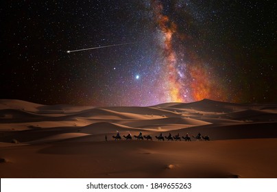 Camel Caravan In The Desert On A Starry Night