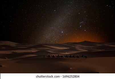 Camel Caravan In The Desert Under The Stars