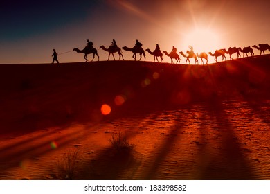 Camel Caravan Going Through The Desert