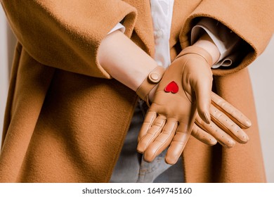 Camel Color Gloves With Red Hearts In The Palm