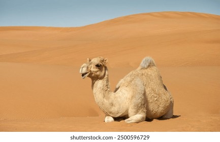 camel resting on sand dunes. Camel in the desert. Image of Camel, Sahara, Sand dunes. 