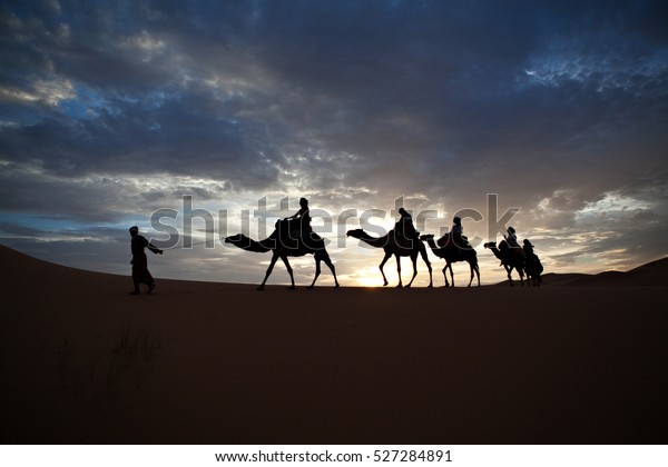Camel train silhouetted against colorful sky\
crossing the Sahara