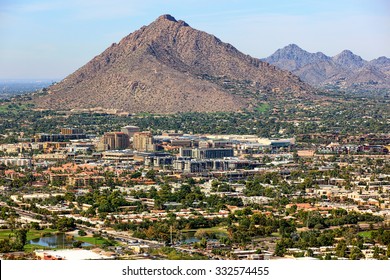 Camelback Mountain And The Skyline Of Old Town Scottsdale, Arizona From Above