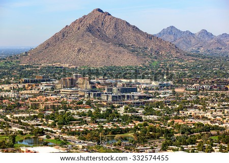 Camelback Mountain and the skyline of old town Scottsdale, Arizona from above
