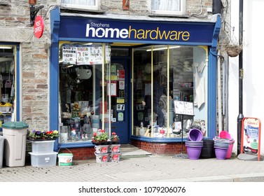 Camelford, Cornwall, UK - April 10 2018: Exterior Of A Traditional Hardware Shop, Rare These Days Because Of The Number Of Large DIY And Home Improvement Stores.