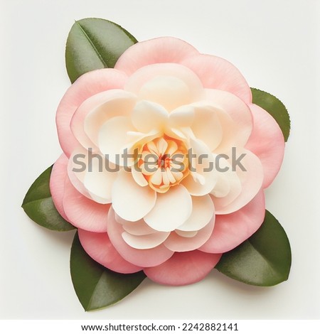 Camellia flower in a top view, isolated on a white background, suitable for use on Valentine's Day cards, love letters, or springtime designs.