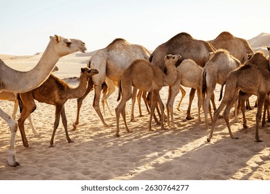 Camellos con bebé en el desierto de Al Khatim. Abu Dabi, Emiratos Árabes Unidos. Granja de camellos. Vida silvestre. Concepto de viaje. Símbolo de resistencia. Populares destino turístico.