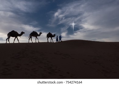 Camels And Riders In The Desert At Night. Digitally Added 