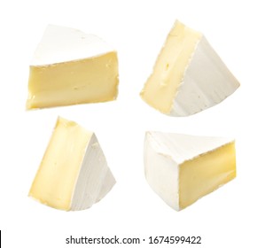 Camembert or brie cheese isolated on white background. Soft cheese covered with edible white mold view from above. Clipping path.