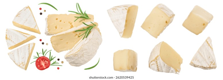 Camembert cheese isolated on white background full depth of field. Top view. Flat lay