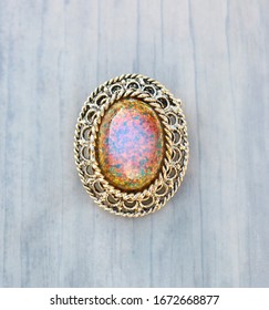 Cameo Style Brooch Oval With Faux Opal Glass Stone