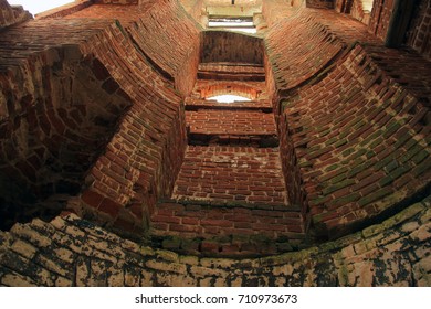 Camera Angle Inside Old Ruined Red Brick Bell Tower