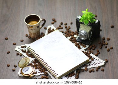 camera, coffee and watch. 