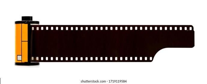 Camera film roll cartridge or 35mm filmstrip.equipment for photograph on white background.