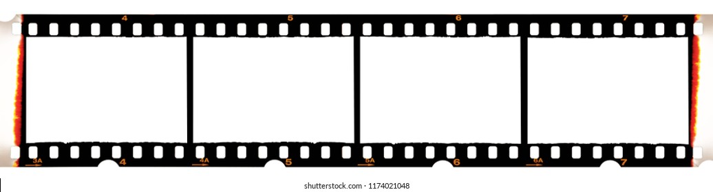 Kamerafilm-Streifen einzeln auf weißem Hintergrund, Filmstreifen ohne Bilder darauf, realer 35-mm-Fotoscan