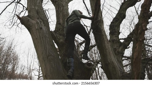 Camera Following Woman Climbing On Tree Closeup