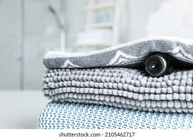 Camera Hidden Under Towel In Bathroom, Closeup