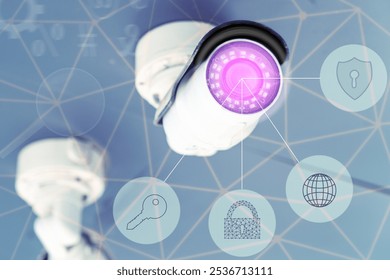 A camera with a key and a lock on it. The camera is surrounded by a web of lines and circles